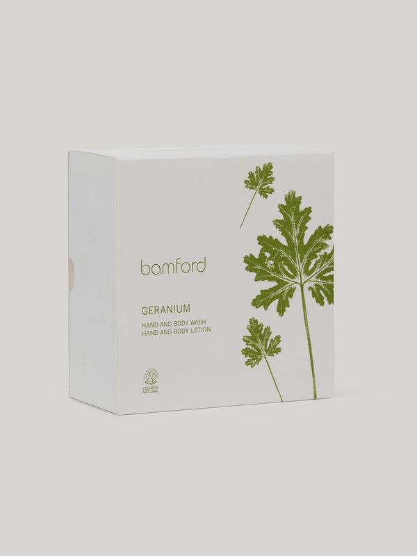 As selected for Claridge's suites, enjoy Bamford's beautifully fragranced Geranium Hand & Body wash and Hand & Body Lotion at home.