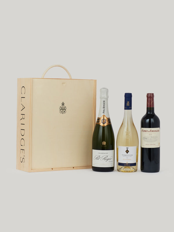 Classic selection of Old World wines, perfect for any occasion. Featuring an elegant and refined cuvée Brut Réserve. Paired with a smooth and rounded Bordeaux Blend and a Vermentino with Citrus aromas, citron peel and elderflowers.